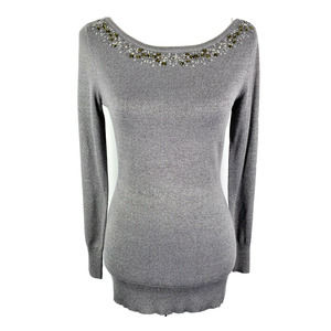 Cache Sweater Size Small S Gray Metallic Embellished Rhinestone Long Sleeve